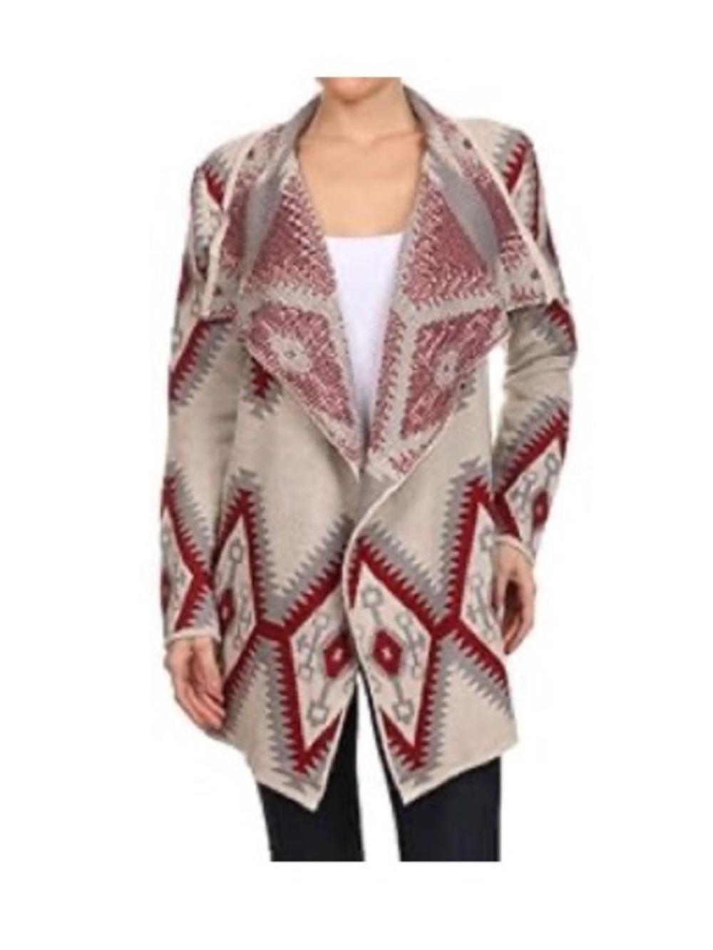 Wool Mohair Aztec Pattern Sweater Cardigan - Cream & Burgundy